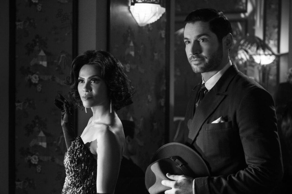 Black and white image of Lucifer and Maze from the series: Lucifer