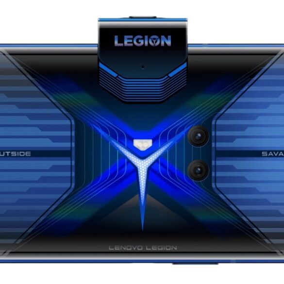 Blue Lenovo Legion phone Duel gaming smartphone laying on its side with a popup camera exposed