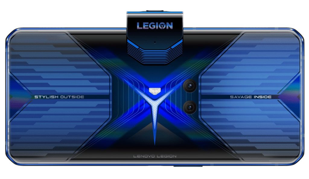 Blue Lenovo Legion phone Duel gaming smartphone laying on its side with a popup camera exposed