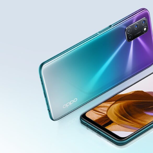 Oppo A72 laying on it's side as well as another Oppo A2 face up