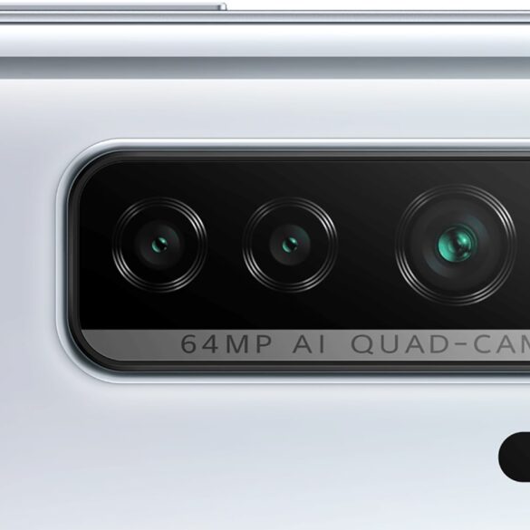 silver Huawei P40 lite 5G laying on its side, showcasing the quad camera setup