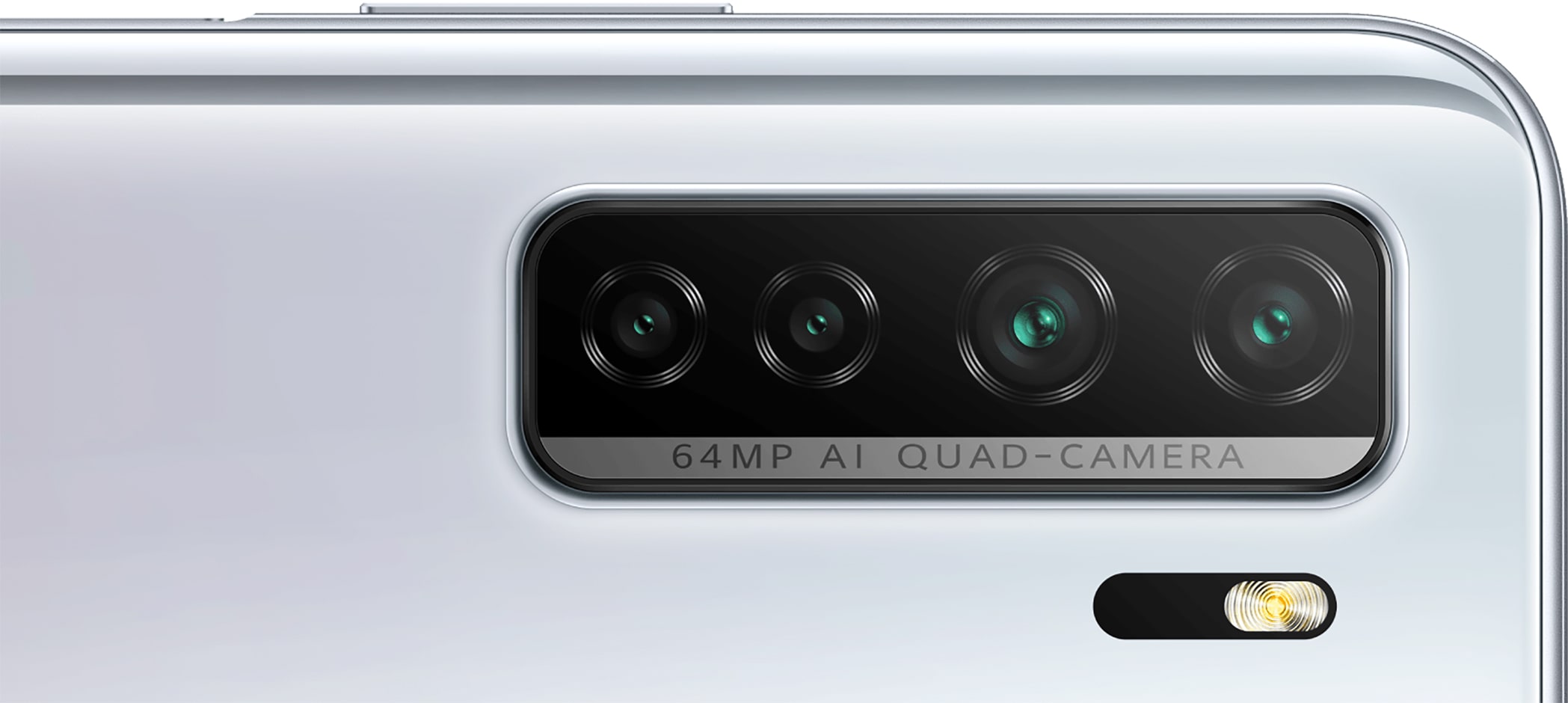 silver Huawei P40 lite 5G laying on its side, showcasing the quad camera setup