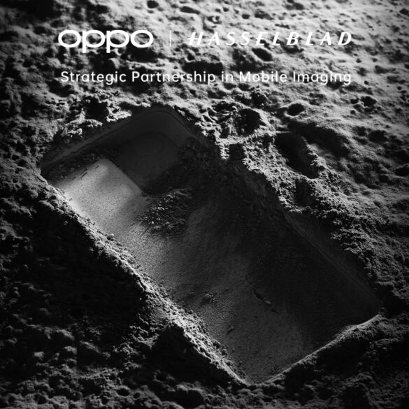 Black and white picture of a phone shaped indent on what is meant to be the moon with OPPO and Hasselblad branding in white text above the image