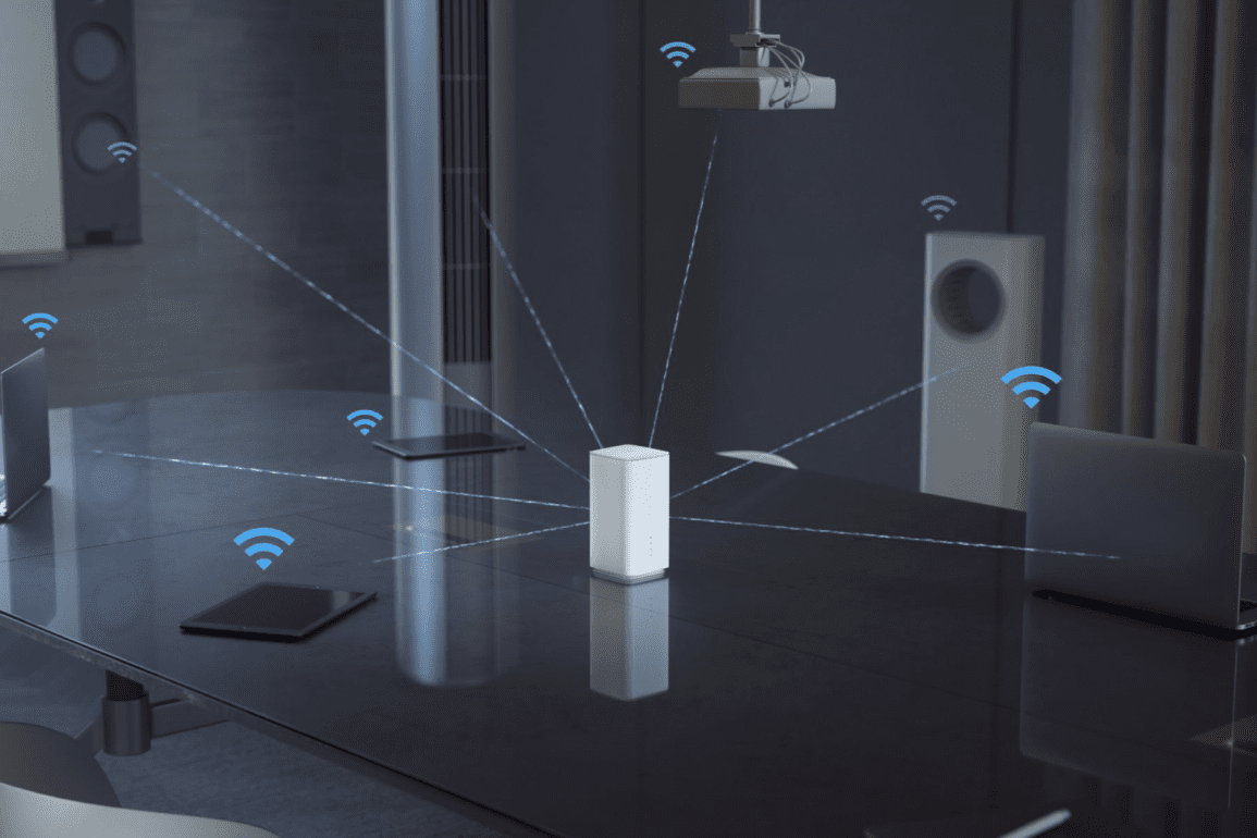 Product image of the OPPO 5G CPE T1a router connected to various smart devices