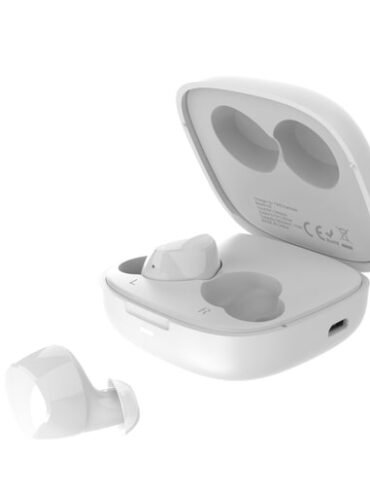Product image of open white TECNO buds against a white background
