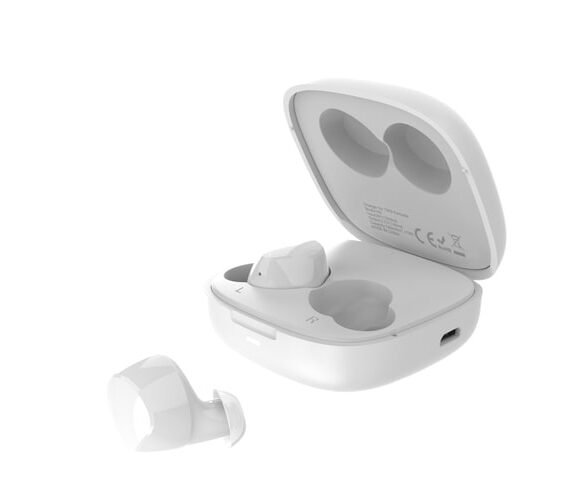 Product image of open white TECNO buds against a white background