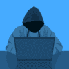 drawing of someone wearing a hoodie with a laptop open in front of them hacking something