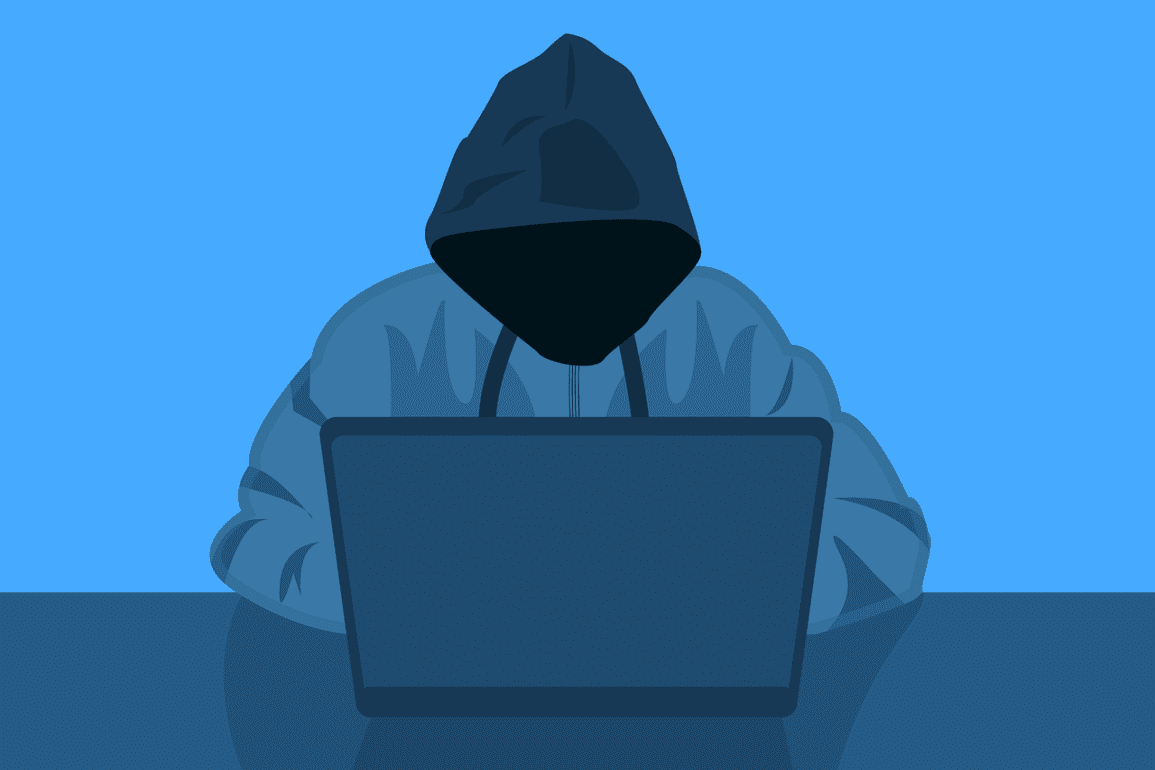 drawing of someone wearing a hoodie with a laptop open in front of them hacking something