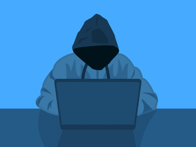 drawing of someone wearing a hoodie with a laptop open in front of them hacking something