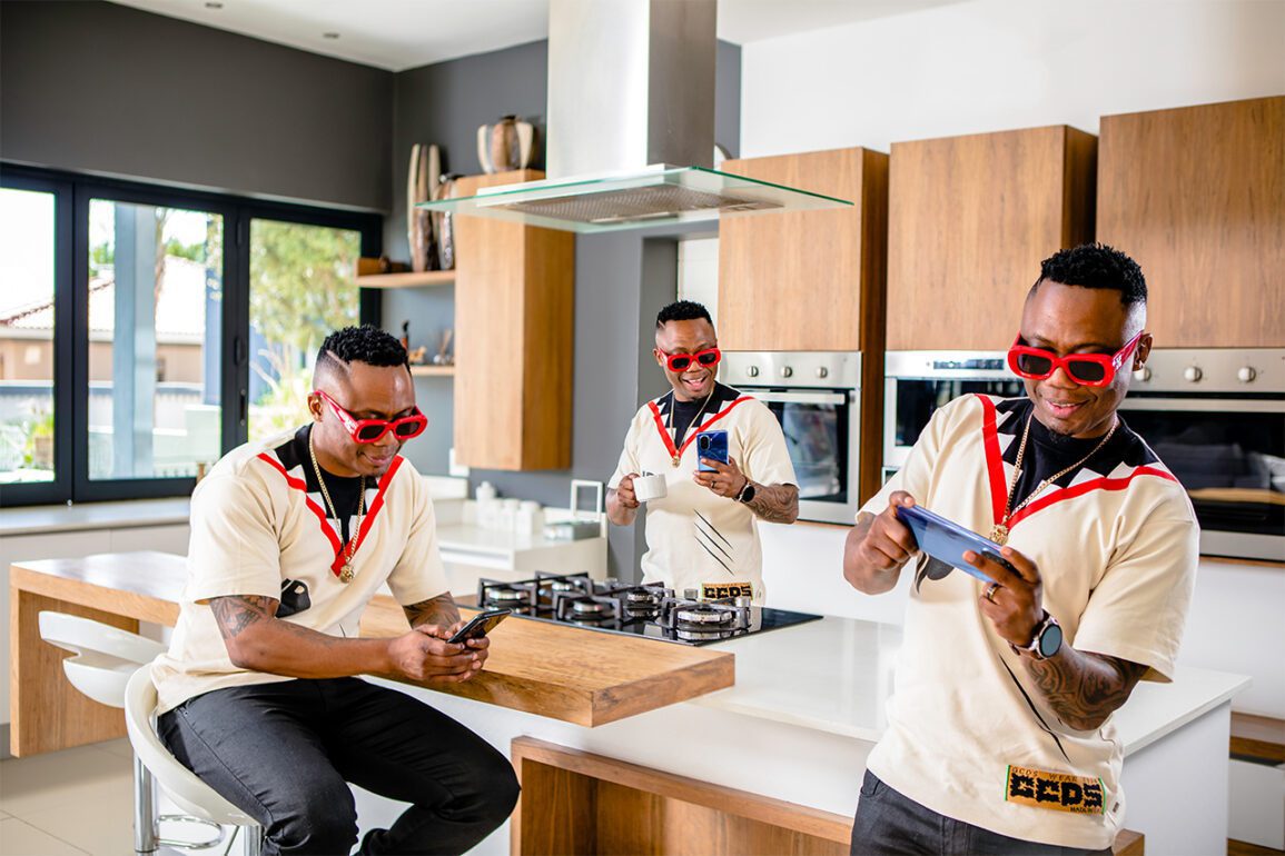 Composite imag eof DJ Tira in a kitchen holding the Huawei nova Y70 Plus