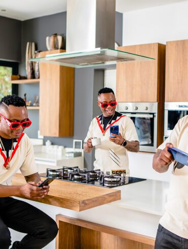 Composite imag eof DJ Tira in a kitchen holding the Huawei nova Y70 Plus
