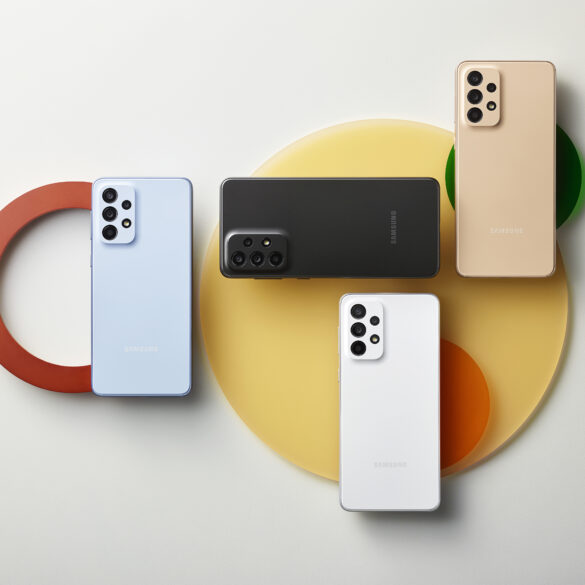 Top down shot of the Samsung Galaxy A33 5G in various colours