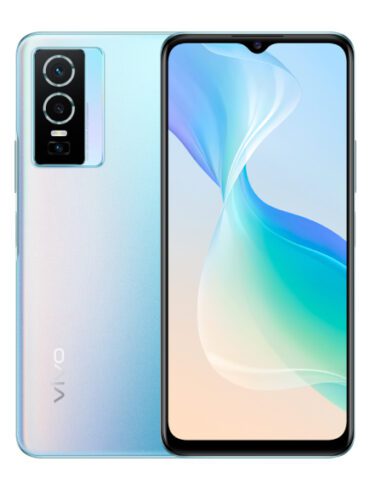 Product image of the Cosmic Aurora colourway of the Vivo Y76 5G showing the front of the phone as well as the back of the phone