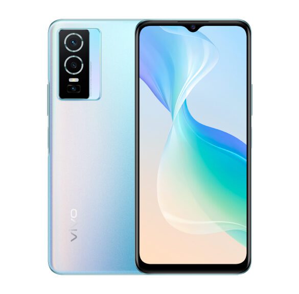Product image of the Cosmic Aurora colourway of the Vivo Y76 5G showing the front of the phone as well as the back of the phone
