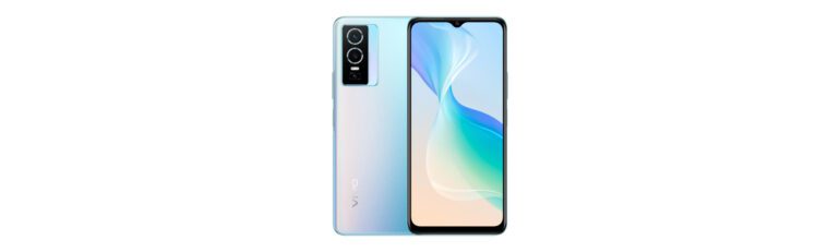 Product image of the Cosmic Aurora colourway of the Vivo Y76 5G showing the front of the phone as well as the back of the phone