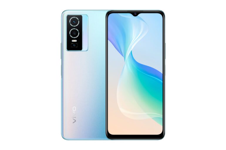Product image of the Cosmic Aurora colourway of the Vivo Y76 5G showing the front of the phone as well as the back of the phone