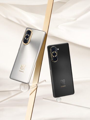 Product image of the HUAWEI nova 10 Pro in Starry Silver and Starry Black colourways against a cream silk looking background