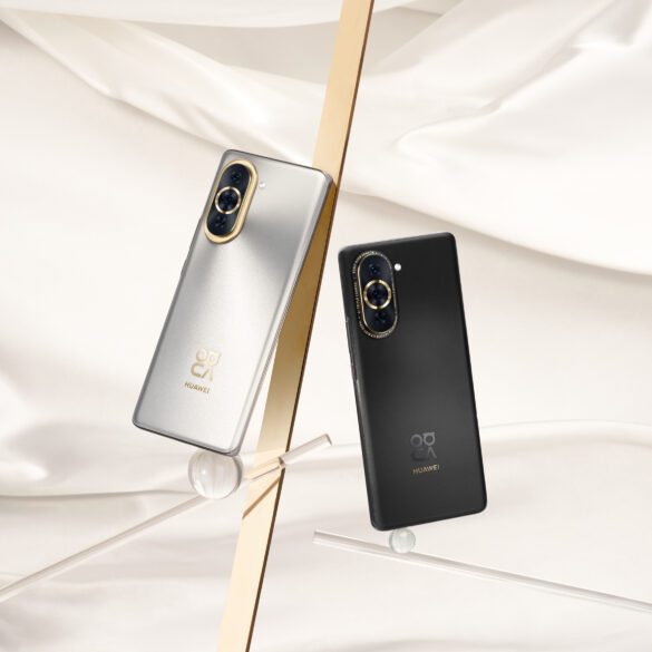 Product image of the HUAWEI nova 10 Pro in Starry Silver and Starry Black colourways against a cream silk looking background
