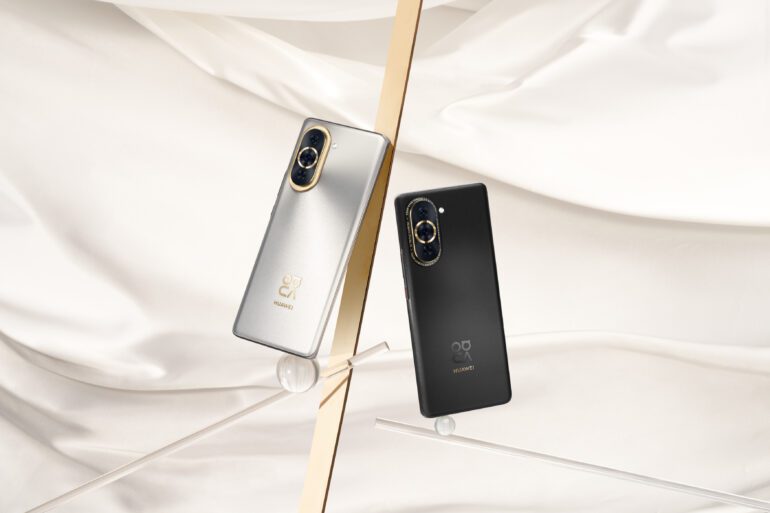 Product image of the HUAWEI nova 10 Pro in Starry Silver and Starry Black colourways against a cream silk looking background