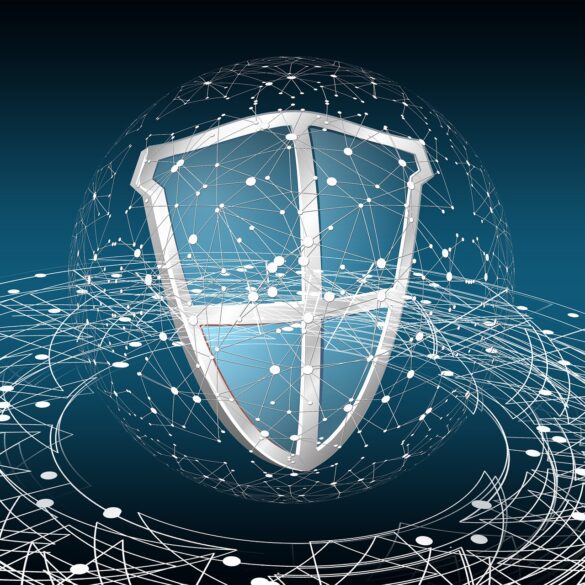 Image representing the internet and a shield to represent cybersecurity