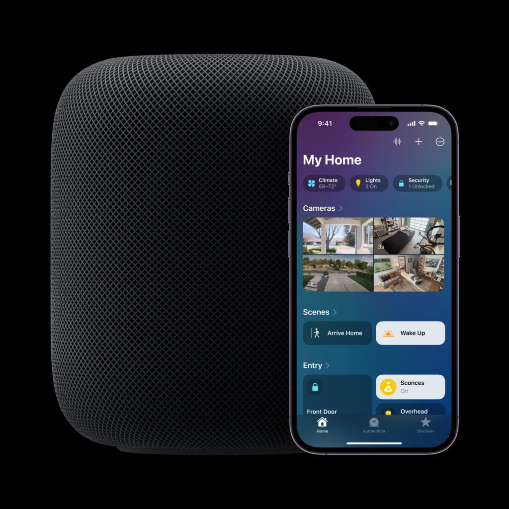 An image of the iPhone 14 Pro in front of the new HomePod