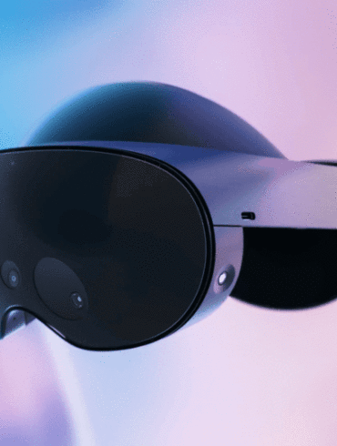 A gif of the Meta Quest Pro virtual reality headset against a colourful background