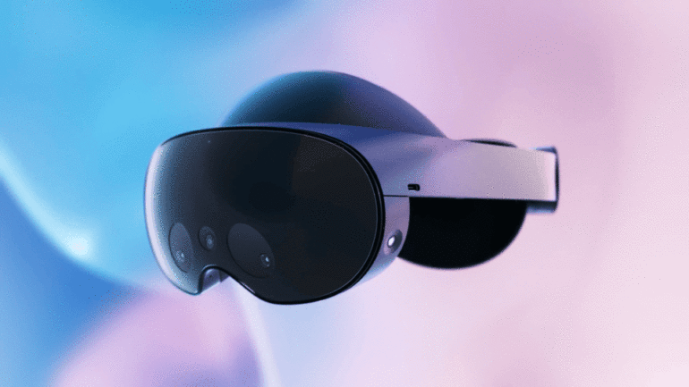 A gif of the Meta Quest Pro virtual reality headset against a colourful background