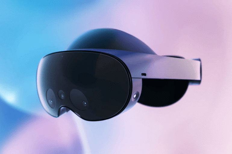 A gif of the Meta Quest Pro virtual reality headset against a colourful background