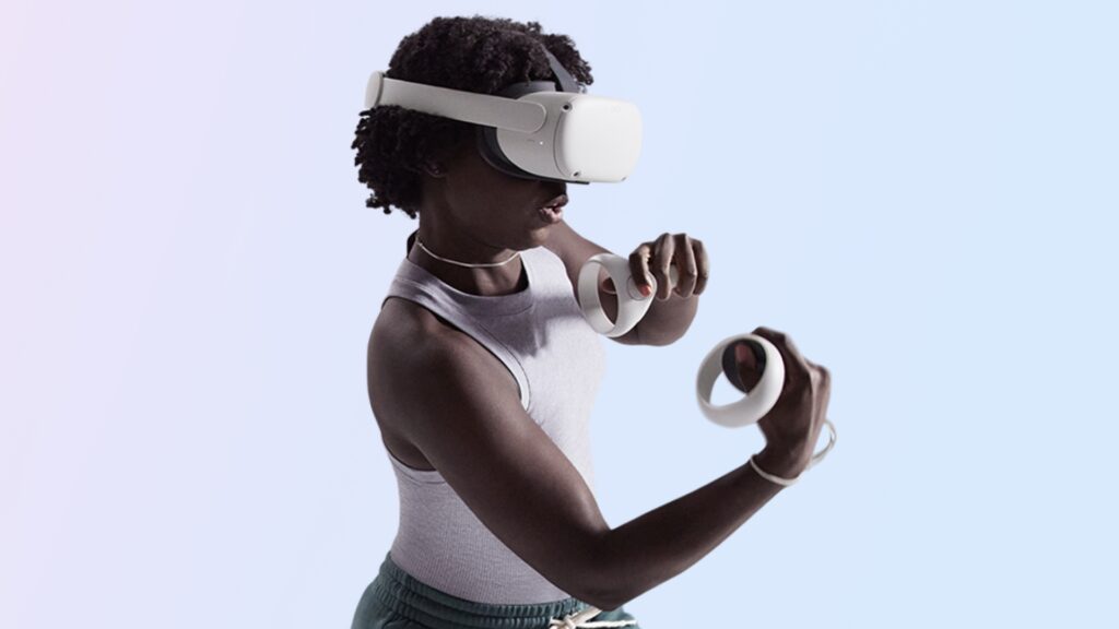 Woman wearing Meta Quest virtual reality headset