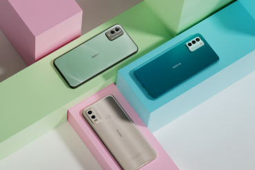 Three new Nokia phones announced at MWC 2023, the Nokia G22, Nokia C32 and Nokia C22, positioned on colourful blocks