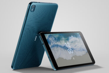 Image of 2 HMD Global Nokia T10 tablets propped up against each other - 1 in landscape and 1 in portrait