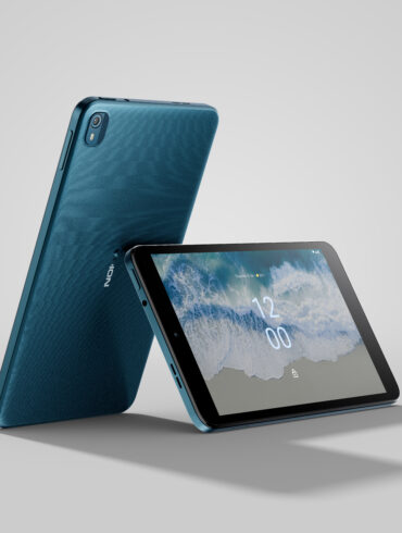 Image of 2 HMD Global Nokia T10 tablets propped up against each other - 1 in landscape and 1 in portrait
