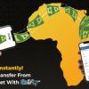 Graphic showing money passing from one phone to another, using EziPay, over the continent of Africa