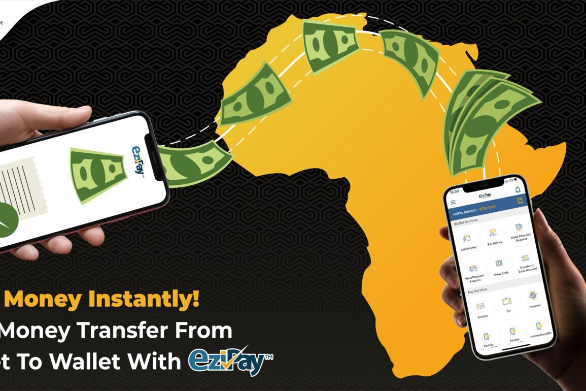 Graphic showing money passing from one phone to another, using EziPay, over the continent of Africa