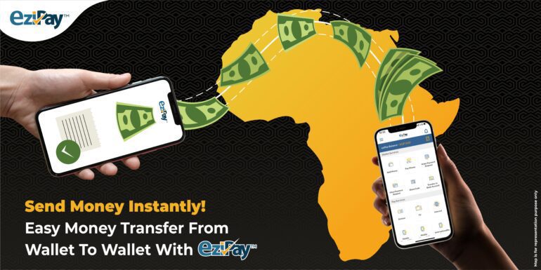 Graphic showing money passing from one phone to another, using EziPay, over the continent of Africa