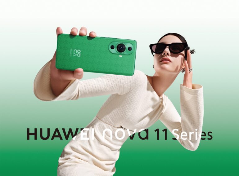 Stylised image of well dressed woman with sunglasses on holding a HUAWEI nova 11 Pro