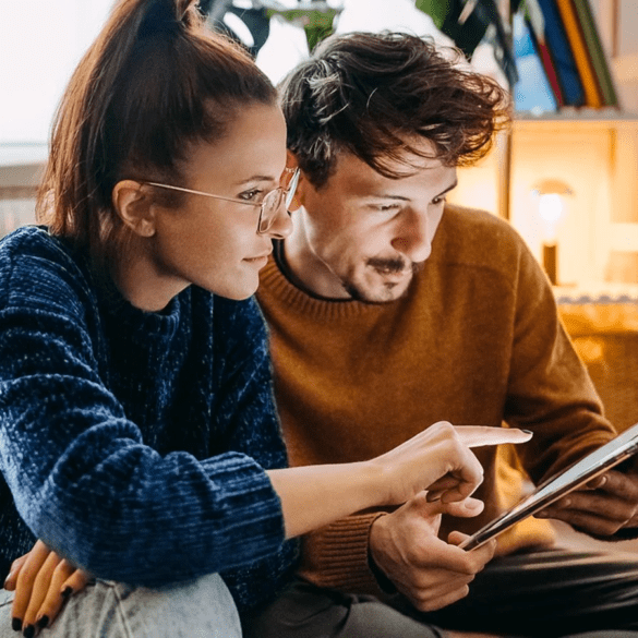 man and woman with tablet being vigilant while browsing Visa site and other online properties